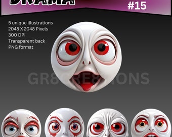 Drama Pack #15 - 5 Unique White Emojis in 3D, 2048x2048 PNG, Halloween Edition, Artists & Designer Collection, Drama Clip Art, Special Price