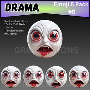 May include: Emoji 5 Pack #5. The image shows a white emoji with red eyes and a bloody mouth, with the word "DRAMA" at the top. The image includes 5 unique illustrations, 2048 x 2048 pixels, 300 DPI, transparent back, and PNG format.