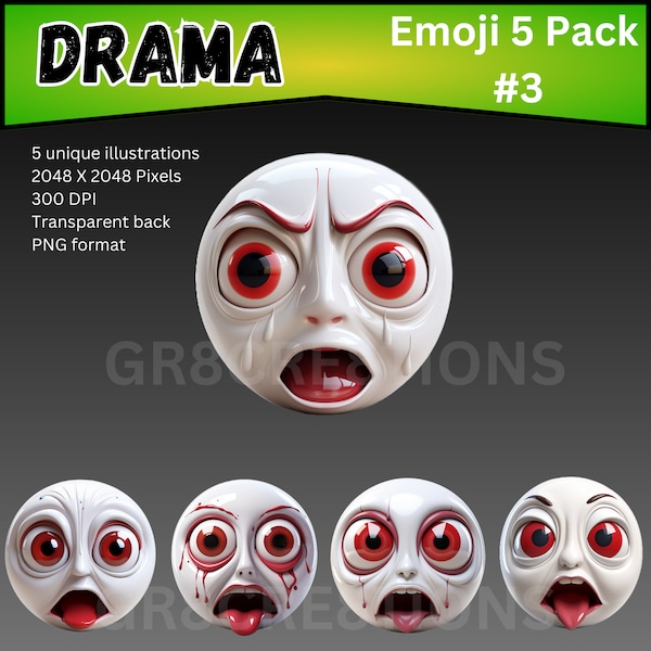 Drama Pack #3 - 3D White Emojis Set, 5 Expressive Faces, 2048x2048 PNG, Instant Download, Halloween Collection, Artists' Essentials