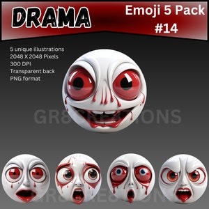 May include: Set of five digital illustrations of red-eyed, white-faced emojis with dripping blood, depicting various expressions of horror and shock. The emojis are 2048 x 2048 pixels and 300 DPI.