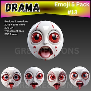 May include: A pack of five emoji illustrations with dramatic expressions. Each emoji features a white face with red eyes and blood-like streaks. The text "DRAMA" and "Emoji 5 Pack #13" are displayed at the top.