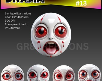 Drama Pack #13 - 5 3D White Emojis, Unique Expressions, 2048x2048 PNG, Drama Clown Themed, Designers' Favorites, 300 DPI Clip Art