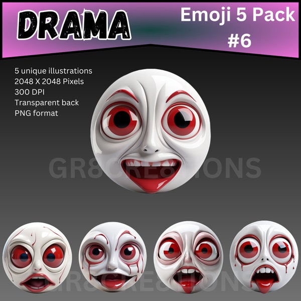 Drama Pack #6 - 5 Unique 3D White Emojis, Expressive Faces, 2048x2048 PNG, Halloween Edition, Artists & Designers