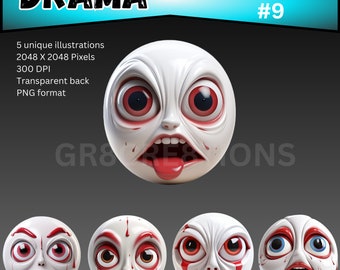 Drama Pack #9 - 5 Expressive 3D White Emojis, 2048x2048 PNG, Digital Download, Emotional Drama Theme, Designers' Toolkit, 300 DPI Clip Art