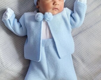 Baby boy’s blue knitted pom pom two piece outfit (designer baby boutique)