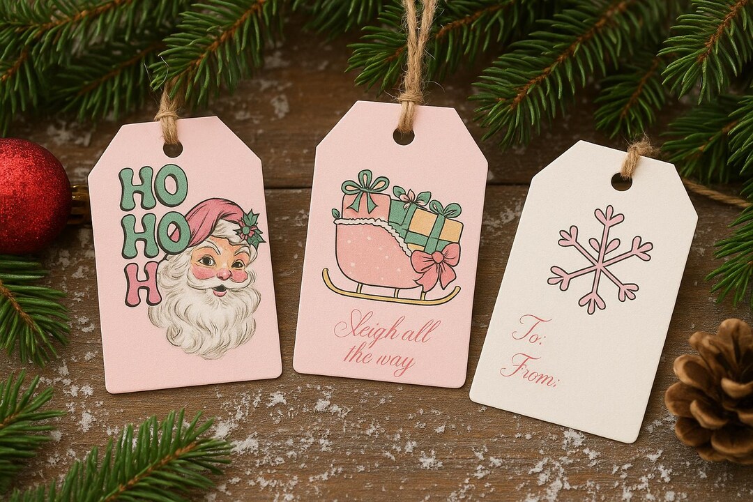 Printable Vintage Pink Christmas Gift Tags – Retro Santa & Sleigh Tags ...