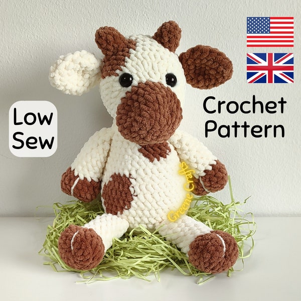 Low Sew Cow Crochet Pattern, Cute Plush Toy Crochet Pattern, Crochet Stuffed Fluffy Cow, Downloadable Crochet Farm Animal PDF Pattern