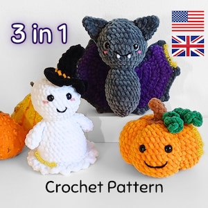 Crochet Pattern Bundle: Ghost, Pumpkin and Bat Plush Toy - Halloween Amigurumi