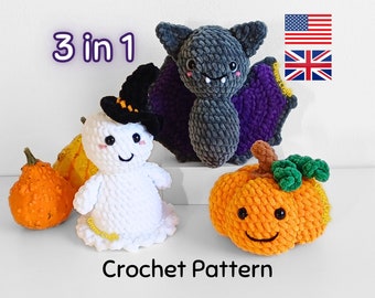 Crochet Pattern Bundle: Ghost, Pumpkin and Bat Plush Toy - Halloween Amigurumi