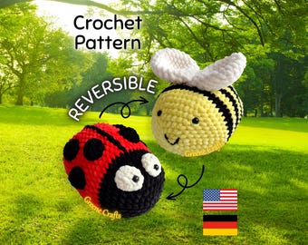 May include: A reversible crochet pattern showing a ladybug and a bee. The ladybug is red and black with white eyes, and the bee is yellow and black with white wings. The text "Crochet Pattern" and "Reversible" are also visible.