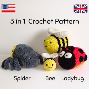 Bee, Ladybug and Spider Crochet Pattern Bundle, Beginner Crochet Project, Cute Plush Toy Crochet Pattern, Crochet Bug, Stuffed Animal