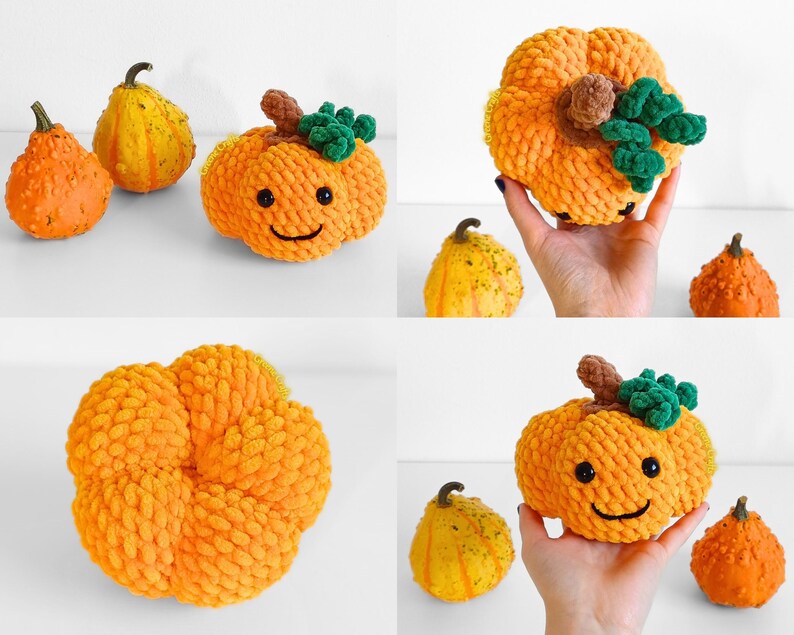 Op de afbeelding: Een assortiment oranje en gele pompoenen, waaronder een gehaakte pompoen met een lachend gezicht, bruine steel en groene bladeren. De pompoenen vari&euml;ren in grootte en textuur, perfect voor herfstdecoratie.