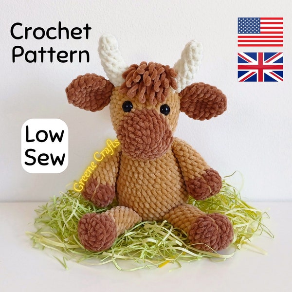 Low Sew Highland Cow Crochet Pattern, Cute Plush Toy Crochet Pattern, Stuffed Fluffy Cow, Downloadable Crochet Farm Animal PDF Pattern