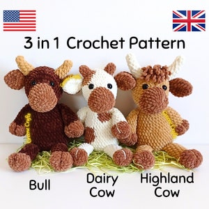 Crochet Pattern Bundle: Highland Cow, Dairy Cow and Bull - Low Sew Farm Animal PDF