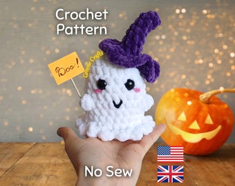 Crochet Pattern: Mini Ghost Plush Toy with Witch Hat – No Sew Halloween Decor