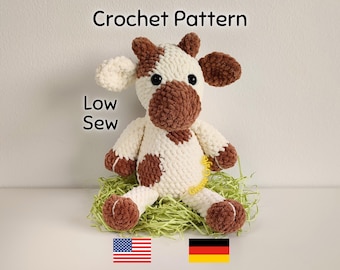 Crochet Pattern - Low Sew Dairy Cow Plush Toy - Farm Animal Amigurumi (English and German Downloadable PDF)