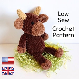 Crochet Pattern - Bull Plush Toy - Low Sew Farm Animal PDF