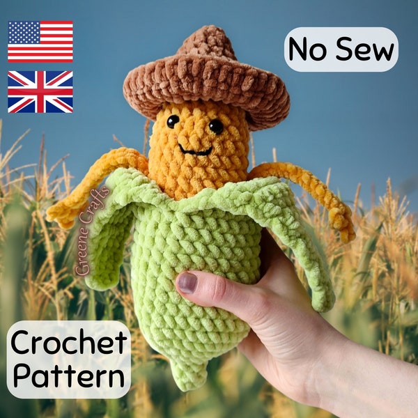 No Sew Corn Plushie Crochet Pattern, Cute Corn Pattern, Crochet Corn with Mini Sombrero, Crochet Vegetable Pattern PDF