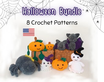 Halloween Toy Crochet Pattern Bundle (8 Pieces): Ghost, Pumpkin, Bat, Spider