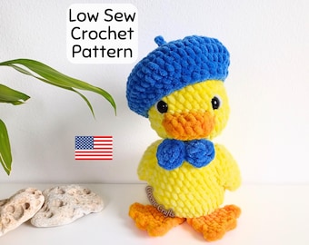 Crochet Pattern: Duck Plush Toy with Beret and Bowtie - Low Sew Amigurumi (Downloadable PDF)