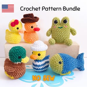 No Sew Rubber Duck, Fish and Frog Crochet Pattern, Stuffed Toy Pattern for Beginners, Amigurumi Mallard Duck, Crochet Aquatic Animals
