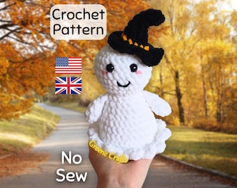 Crochet Pattern: Ghost Plush Toy with Witch Hat – No Sew Halloween Decor