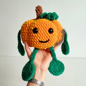 Op de afbeelding: Een handgemaakt pompoenspeeltje met een lachend gezicht, zwarte ogen en groene bladvormige benen. De pompoen is oranje met een bruine stengel en groene bladeren bovenop. Het speelgoed wordt in een hand gehouden.