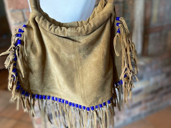 Hippie FRINGE LEATHER BAG Ethnic Tassel boho tan Western vintage Native  Festival