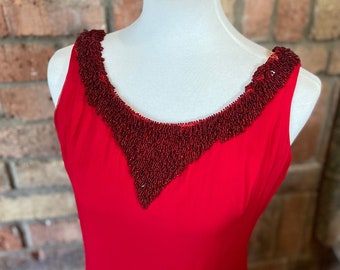 Vintage Beaded Red Formal Party Dress - Long Scoop Back Mod Look US Size 8-10