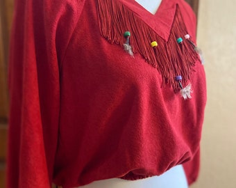 Iconic Boho Hippie Vintage 70&#39;s Fringe Crop Top Blouse - Feather and Bead Fringe - Red Size SM