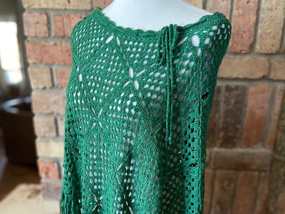 Vintage Open Knit Green Crochet Fringe Poncho Hip… - image 2