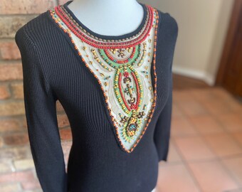Vintage BEREK by Takako Sakon Beaded Neckline Mesh Black Long Sleeve Top Boho Top Beaded Sweater Ethnic Top - Size Med
