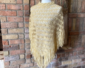 Vintage Open Knit Light Yellow/Beige Crochet Fringe Poncho Hippie Bohemian - Shawl - Cape - One Size