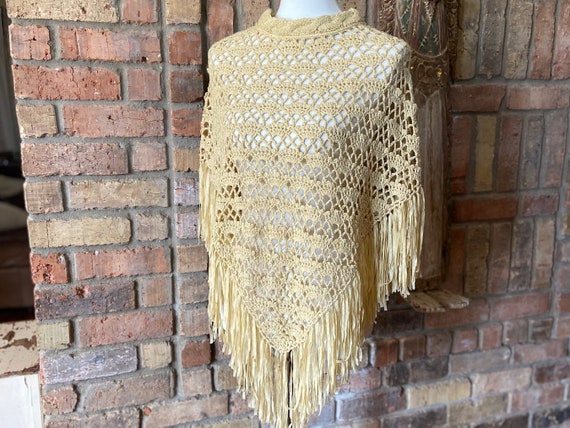 Vintage Open Knit Light Yellow/Beige Crochet Frin… - image 1