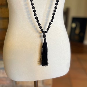Long Tassel Necklace with Bronzite and Black Lava Beads - Black and Brown Hippie Boho Jewelry