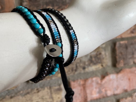 Milacolato Set 3 Bracciali In Pelle Boho Donna Uomo – Bracciale Wrap Con Perline Cristallo E Pietre – Colori Oro, Nero, Grigio E Turchese - 2