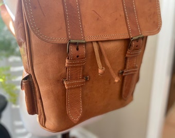 Box Shape Tan Leather Backpack Tote - Handmade Fair Trade Moroccan Leather Bag Backpack - Tan Genuine Leather Unisex Bag