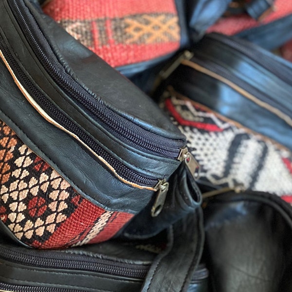 Black Leather Kilim Pattern Fanny Pack - Handmade Moroccan Shoulder Bag/Fanny Pack - Fair Trade Genuine Leather Pack - Hippie Boho Festival