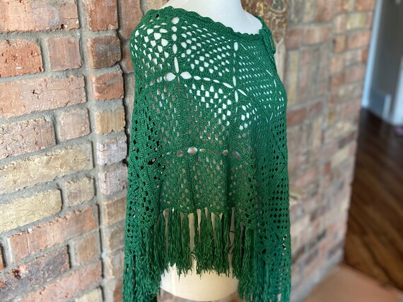 Vintage Open Knit Green Crochet Fringe Poncho Hip… - image 3