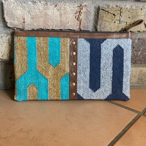 Indian Dhurrie Leather Clutch; 11&quot; x 7&quot; Zipper Clutch with Navy Blue, Silver, Turquoise and Gold Geometric Design