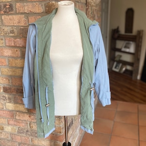 Vintage London-mistjack uit de jaren 80: blauw en groen, maat M