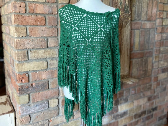 Vintage Open Knit Green Crochet Fringe Poncho Hip… - image 1