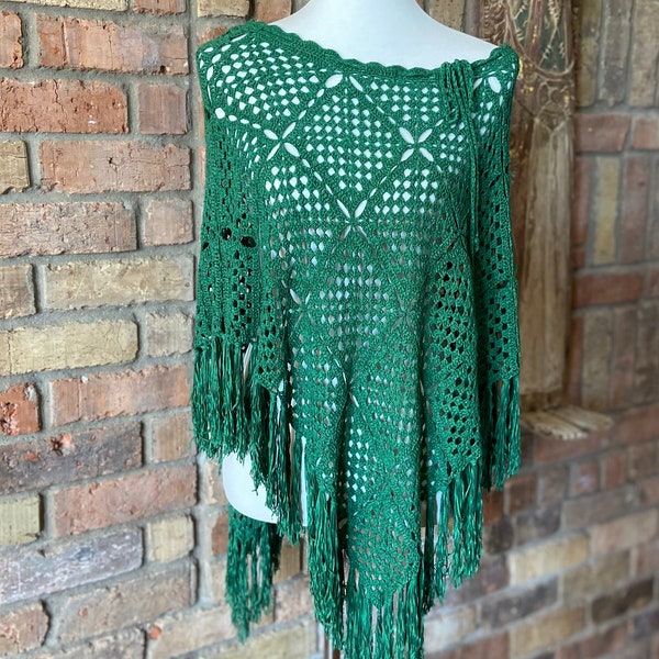 Vintage Open Knit Green Crochet Fringe Poncho Hippie Bohemian - Shawl - Cape - One Size