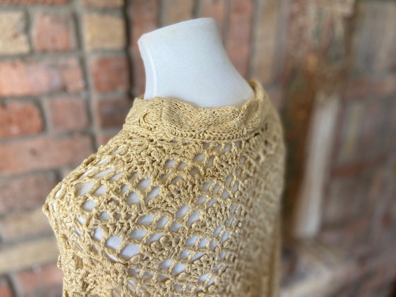 Vintage Open Knit Light Yellow/Beige Crochet Frin… - image 4