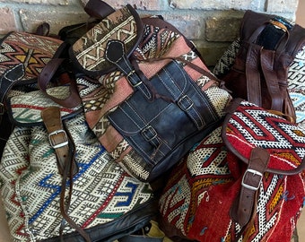 Assorted Kilim Moroccan Handmade Backpacks Leather Bag Ethnic Boho Hippie Festival Backpack