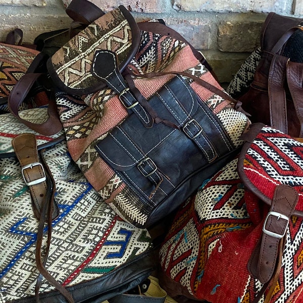 Assorted Kilim Moroccan Handmade Backpacks Leather Bag Ethnic Boho Hippie Festival Backpack