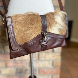 Genuine Leather and Fur Crossbody Purse Clutch Bag; Western Style Leather Bag; Fair Trade Handmade in Morocco 12&quot; x 8&quot; Adjustable  Strap