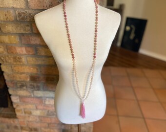 Pink Tassel Necklace with Rhodocrosite Rose Quartz and Snow Quartz - Long Necklace - Pink Hippie Boho Jewelry