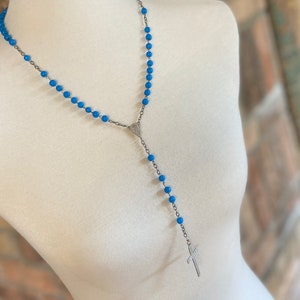 French Minimalist Blue Beaded Rosary Necklace