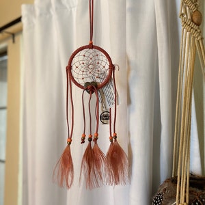 Coral Pink Peacock Eyes Style Feathered Dreamcatcher with Heart Accent - Handmade